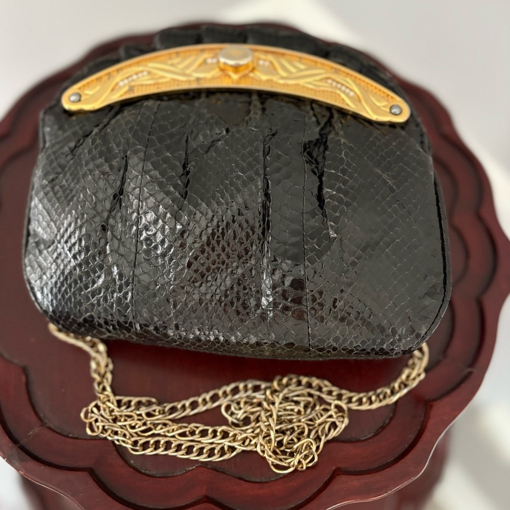 Vintage elegant Black Snakeskin Clutch with Gold Accents